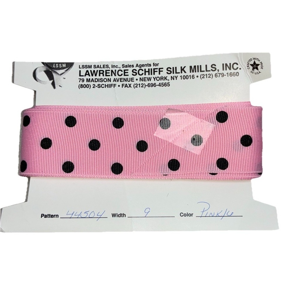 Lawrence Schiff Silk Mills Ribbon Pink Polka Dot 1.5" 5 yd Made In USA